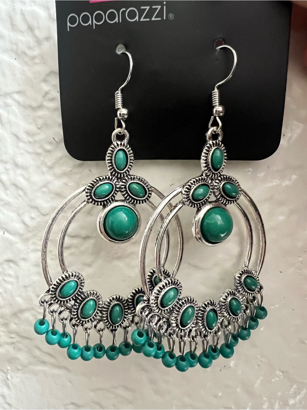 Paparazzi Turquoise Hoop Dangle Earrings - Silver & Green